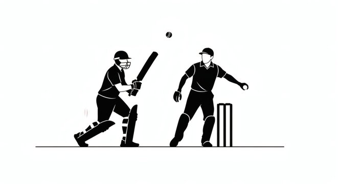 Minimalist black and white vector illustration of a cricket batsman in action, hitting the ball during a competitive match with the wicket-keeper behind the stumps