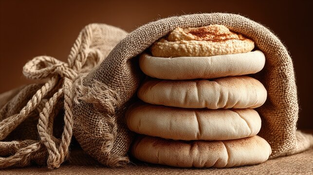 Pita bread stack in burlap sack with hummus