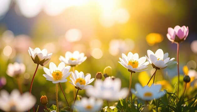 daisies illuminated by golden sunlight, creates a cheerful scene, evoking feelings of spring - Powered by Adobe