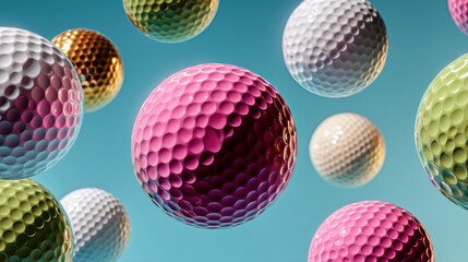 Fototapeta premium Colorful golf balls float against a vibrant teal background in a playful, dynamic composition.