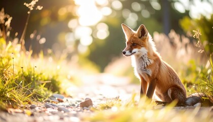 Curious fox observing nature woodland path wildlife photography golden hour side view serenity and beauty