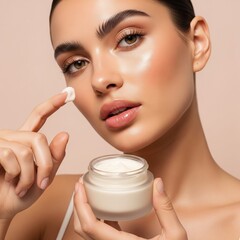 Beautiful woman applying face cream for skincare routine