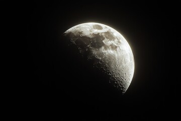 Detailed close-up of a half moon showing craters and surface texture against a dark night sky