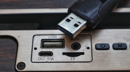 Obraz premium A close-up shot of a male and female USB connector placed next to a music play button, suggesting electronic device connectivity.