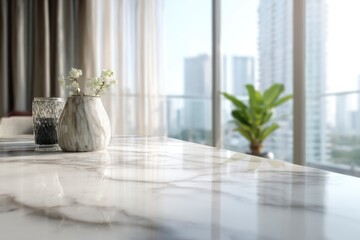 Marble table with vase and glass cityscape background