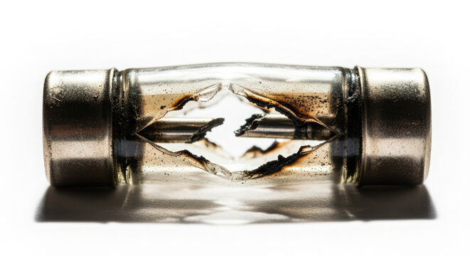 Burned glass electrical fuse, broken component, safety hazard, electrical failure
