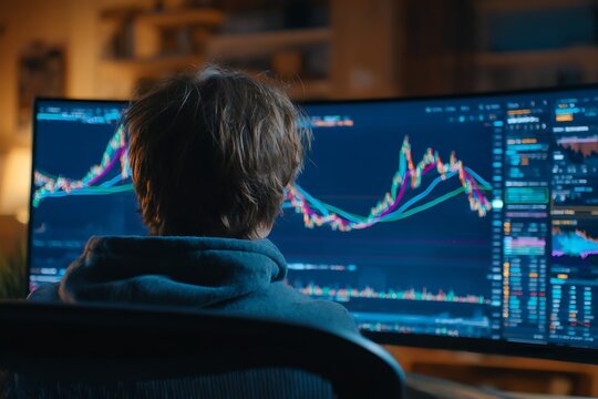 Investor monitoring stock market trends on large curved screen for financial analysis at night