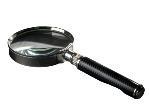 Shiny gunmetal magnifying glass with black handle isolated on a transparent background lens