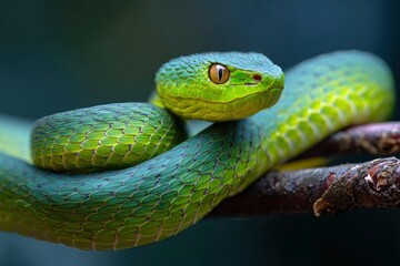 A green viper snake with yellow eyes rests on a branch
