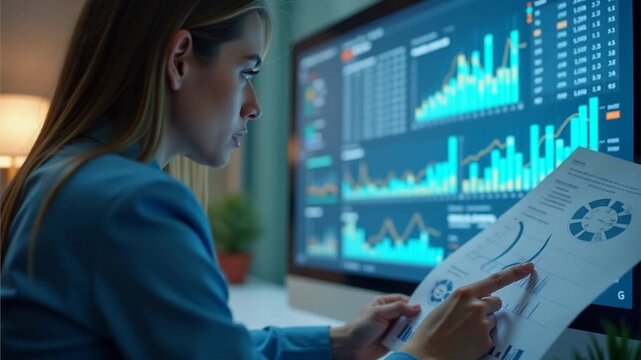 Vertical Empowered CEO examining monthly reports data for efficiency, guaranteeing multinational company success