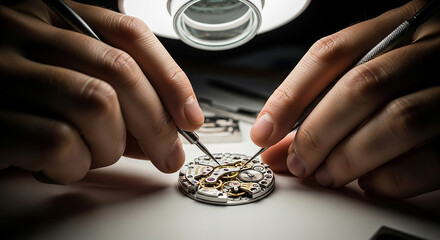 A close-up of a master watchmaker's hands using precision tools to meticulously repair the intricate mechanical movement of a luxury watch under a magnifying glass.