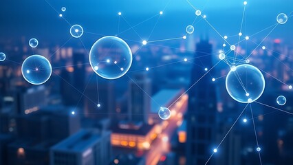 Obraz premium Floating translucent spheres connected by glowing lines, symbolizing global business networks.