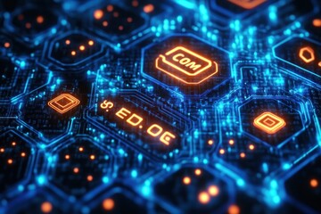 Obraz premium Close-up of futuristic digital circuit board with glowing blue and orange hexagonal elements and electronic components symbolizing technology and connectivity