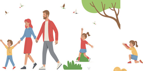 Happy family walking in park with children playing, outdoor leisure activity, parents and kids enjoying nature, flat vector illustration design