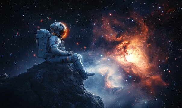 Astronaut sitting calmly on a rocky surface in outer space gazing at a glowing colorful nebula amidst a starry cosmic background