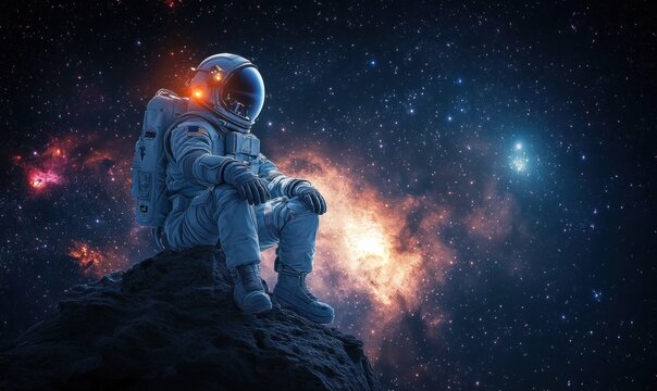 Astronaut sitting contemplatively on a rocky surface in outer space surrounded by colorful galaxies and stars, evoking solitude and wonder