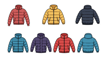 Set of colorful winter puffer jackets with hoods.