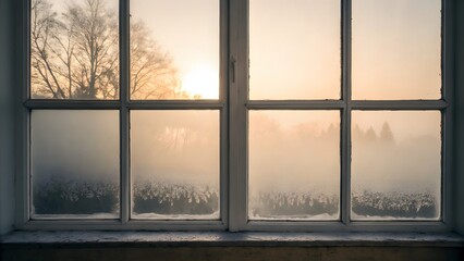 A frosty window pane with a view of trees and fog at sunrise in the winter time