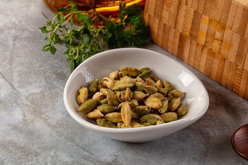 Green dry cardamom heap spices aroma