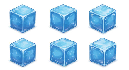 Six realistic ice cubes in isometric view on a white background.