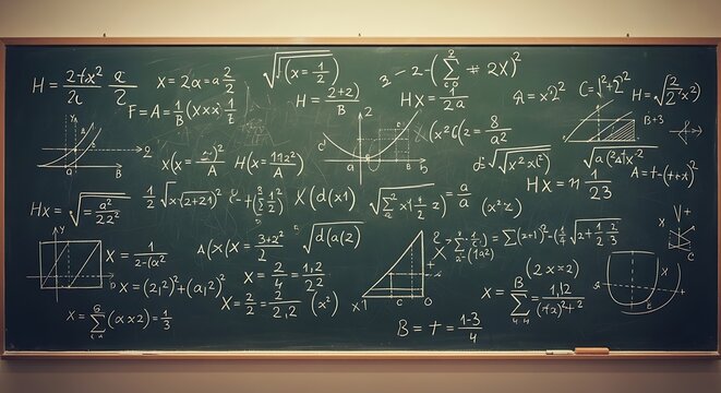 Complex Mathematical Equations and Formulas on Chalkboard Background.