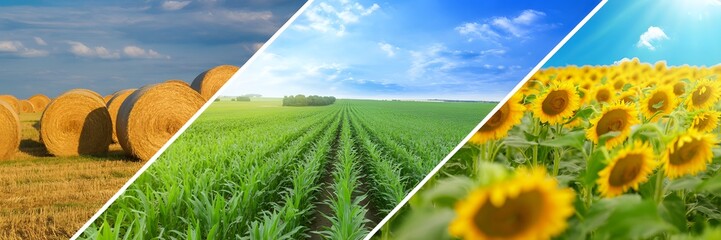 Agricultural fields collage: Hay bales, corn rows, and sunflowers.