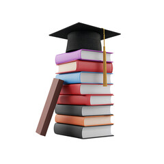 Academic achievement represented by graduation cap atop a stack of study books symbolizing success