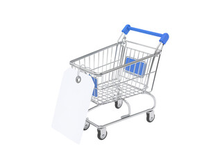 Isolated shopping cart and white tag with vibrant blue accents against a void background,