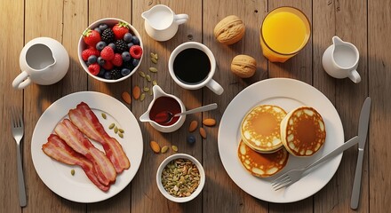 Breakfast Feast - Bacon, Pancakes, Berries, and Coffee.