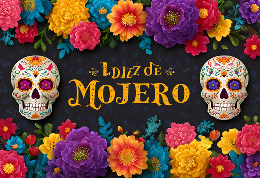 Day of the dead, Dia de los moertos, banner with colrful Mexican flowers. Fiesa, holiday poster, party fyer, greeting card