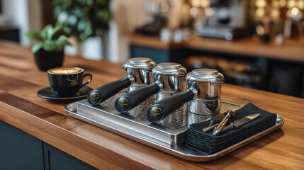 Coffee preparation scene featuring espresso tamper tools on a stainless steel tray, with a cup of coffee and napkins, showcasing the art of barista craftsmanship and coffee culture