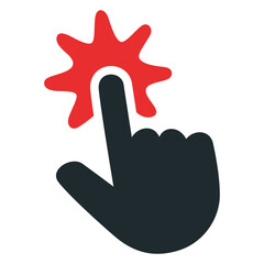 Finger pressing a red starburst icon on black background