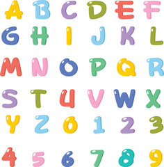 Colorful Bubble Alphabet and Numbers Set. Bright and playful bubble style alphabet and numbers. Perfect for kids learning, posters, party decorations, nursery prints, and educational materials.