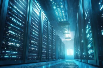 Futuristic data center corridor illuminated with blue light rows of server racks with glowing panels creating a high-tech atmosphere