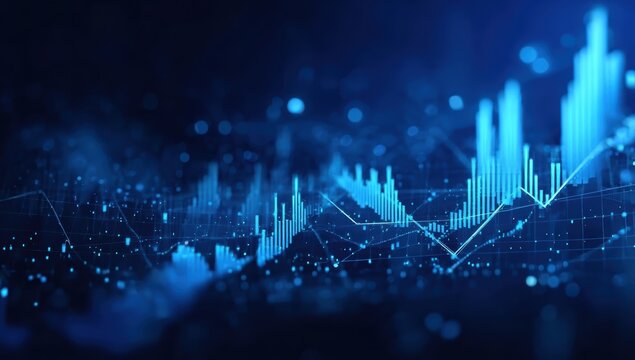 A digital visualization of data trends, showcasing blue lines and bars representing statistical graphs against a dark background.