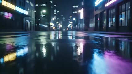 Dynamic Low-Angle Glide Over a Wet Neon City Street Plunging into Abstract Water Reflections - Powered by Adobe