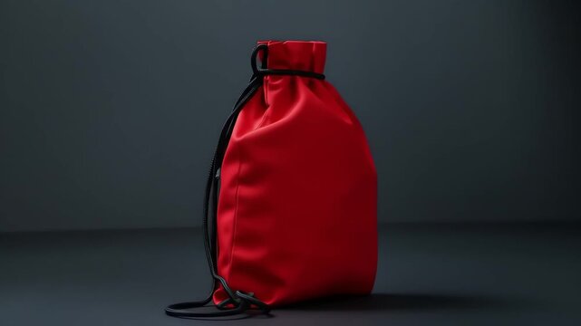 Red drawstring bag with black straps on a dark background