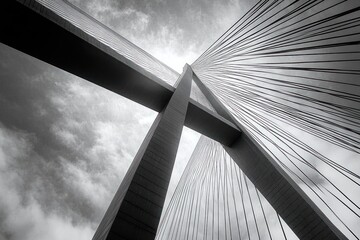 Dramatic black and white photo of a cable-stayed bridge tower with suspension cables extending against a cloudy sky