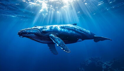 Fototapeta premium Majestic Humpback Whale Beneath Sunlit Waters, A Gentle Giant of the Deep Ocean