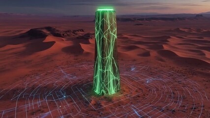 Futuristic Green Tower Illuminated in the Desert at Night - Powered by Adobe
