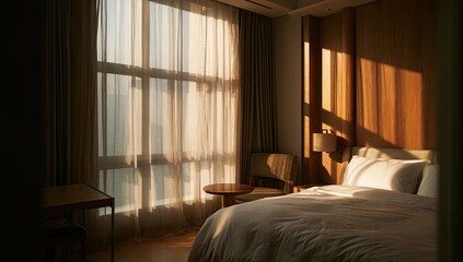 Fototapeta premium Sunlight streams into a modern bedroom, illuminating soft, beige drapes and a large bed
