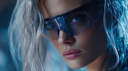 Futuristic woman with stylish glasses looking confidently into the future