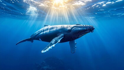 Fototapeta premium A majestic humpback whale swims gracefully in the sunlit underwater ocean, illuminated by stunning rays of light from the surface, showcasing marine beauty