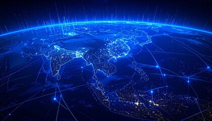 Digital Network around the World: A stunning display of digital connection and data transmission is beautifully represented, with networks wrapping around the Earth.