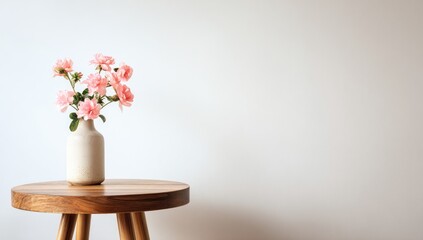 Delicate pink roses in a simple vase on a wooden stool