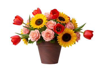Obraz premium Vibrant Spring Flower Arrangement: Sunflowers, Tulips & Roses in Terracotta Pot - Perfect for Home Decor & Prints on white background