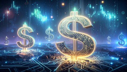 Digital Dollar Dynamics: Illuminated dollar signs shine against a futuristic backdrop of financial data streams and circuitry, representing the evolving landscape of currency and digital finance.