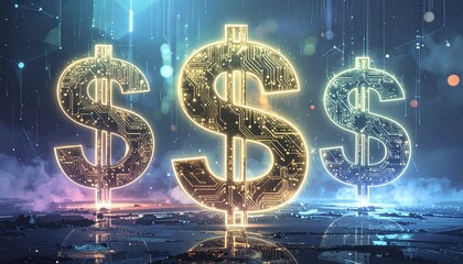 Digital Dollar Dynasty: Illustrative rendering of dollar signs, a modern concept symbolizing financial strength, innovation, and the global economy.