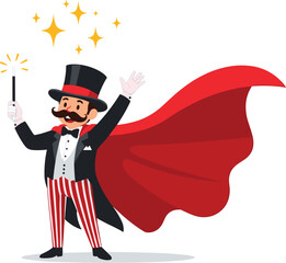 Cartoon Magician Character Performing Magic Trick with Wand and Cape – Fantasy Showman Illustration for Kids, Entertainment, and Vector Design