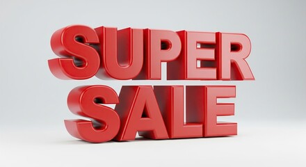 Bold red 3d text super sale announcement on white background